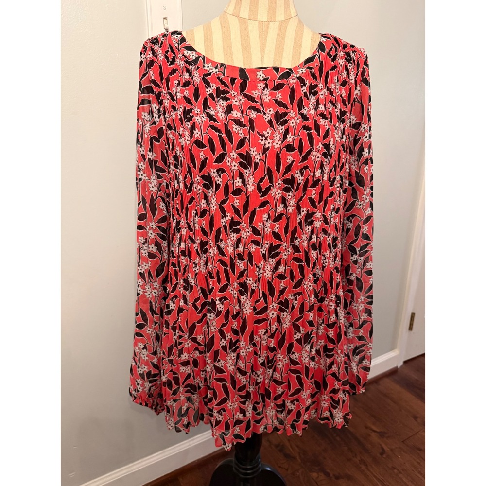 Lane Bryant Floral Pleated Blouse Coral Pink Black Size 22/24 Long Sleeve Top